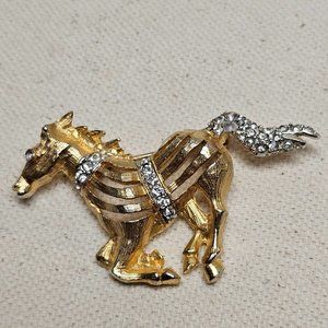 Vintage Gold Tone BELLINI Brooch Horse Rhinestones Crystals Clear Stalin Signed